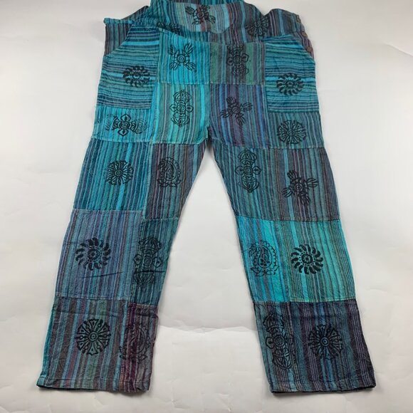 Vintage Wevez Turquoise Striped Cotton Stamp Print Relaxed Overalls One Size - Picture 7 of 9